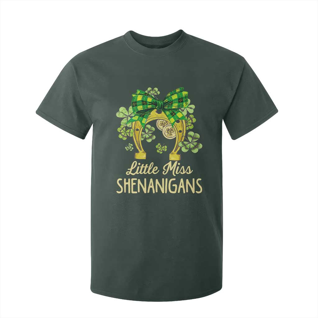 St Patrick's Day T Shirt For Kid Little Miss Shenanigans Coquette Shamrocks TS09 Dark Forest Green Print Your Wear