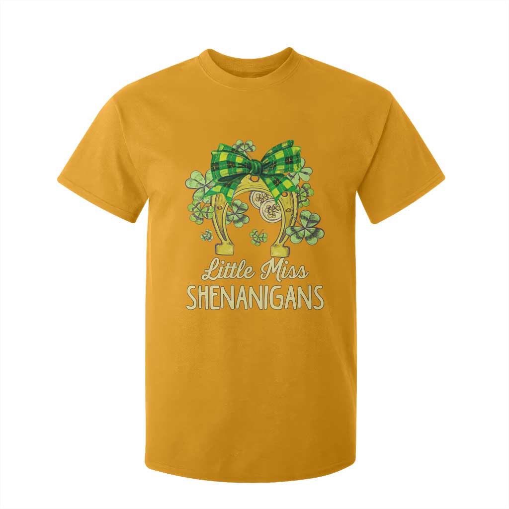 St Patrick's Day T Shirt For Kid Little Miss Shenanigans Coquette Shamrocks TS09 Gold Print Your Wear