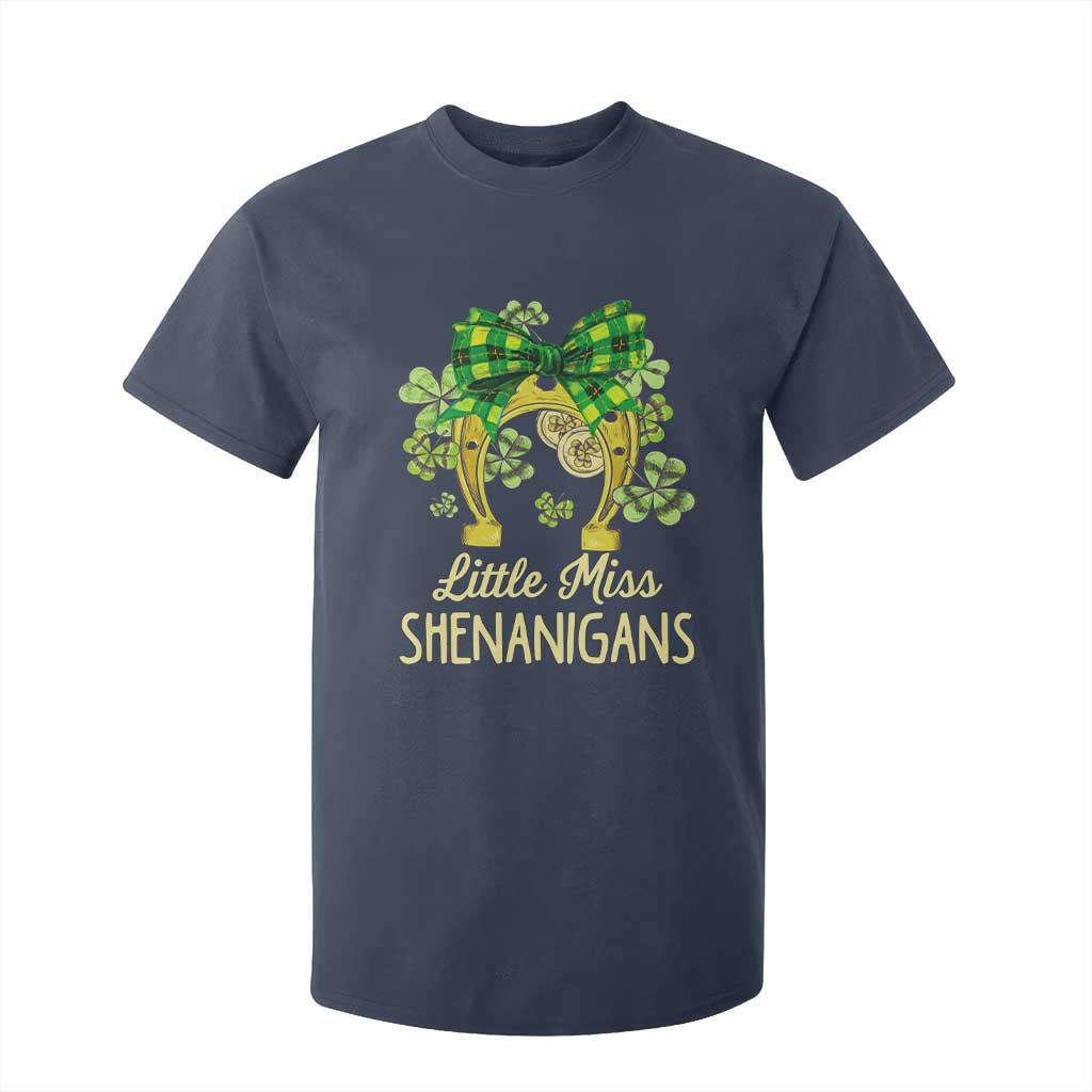 St Patrick's Day T Shirt For Kid Little Miss Shenanigans Coquette Shamrocks TS09 Navy Print Your Wear
