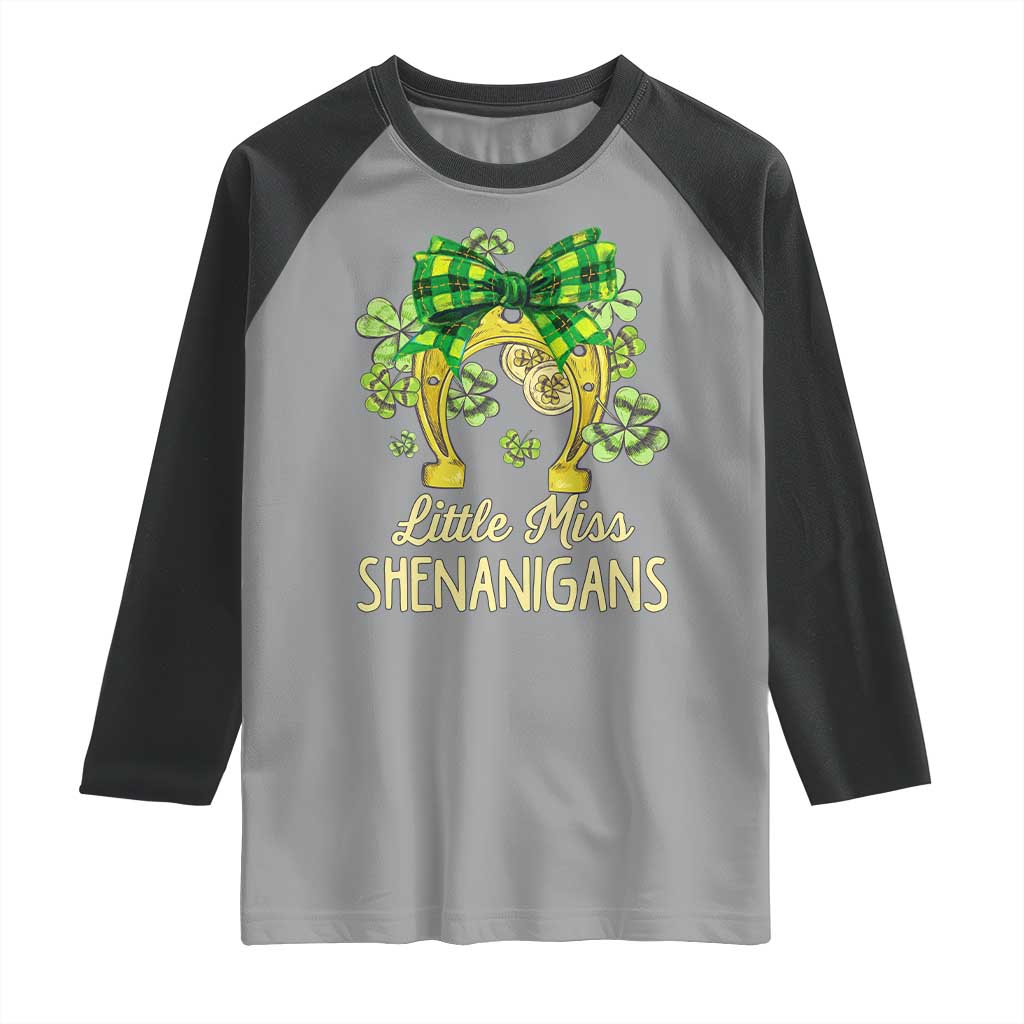 St Patrick's Day Raglan Shirt Little Miss Shenanigans Coquette Shamrocks TS09 Sport Gray Black Print Your Wear