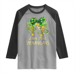 St Patrick's Day Raglan Shirt Little Miss Shenanigans Coquette Shamrocks TS09 Sport Gray Black Print Your Wear