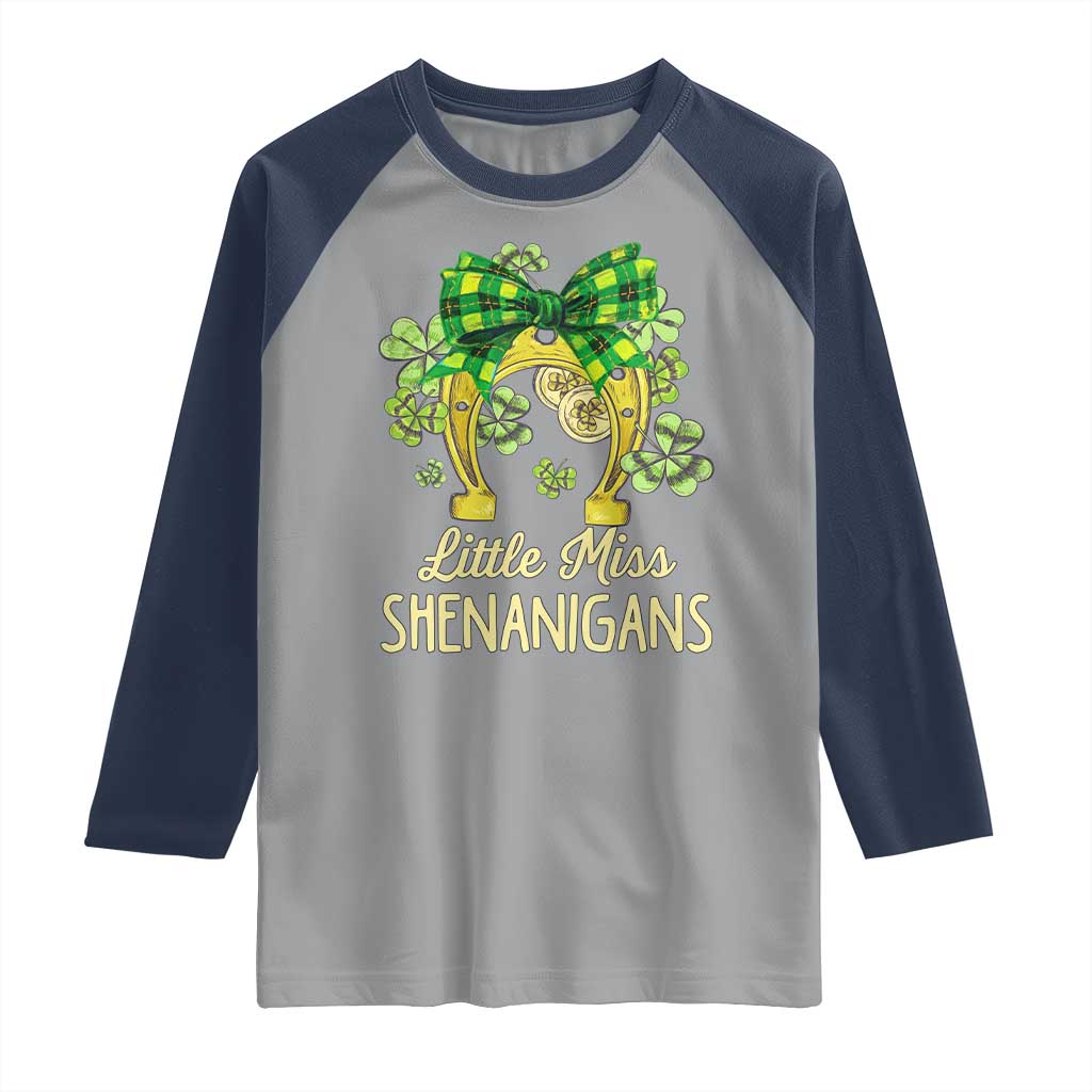 St Patrick's Day Raglan Shirt Little Miss Shenanigans Coquette Shamrocks TS09 Sport Gray Navy Print Your Wear