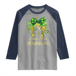 St Patrick's Day Raglan Shirt Little Miss Shenanigans Coquette Shamrocks TS09 Sport Gray Navy Print Your Wear