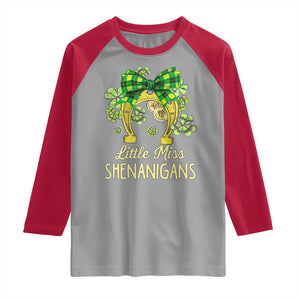 St Patrick's Day Raglan Shirt Little Miss Shenanigans Coquette Shamrocks TS09 Sport Gray Red Print Your Wear