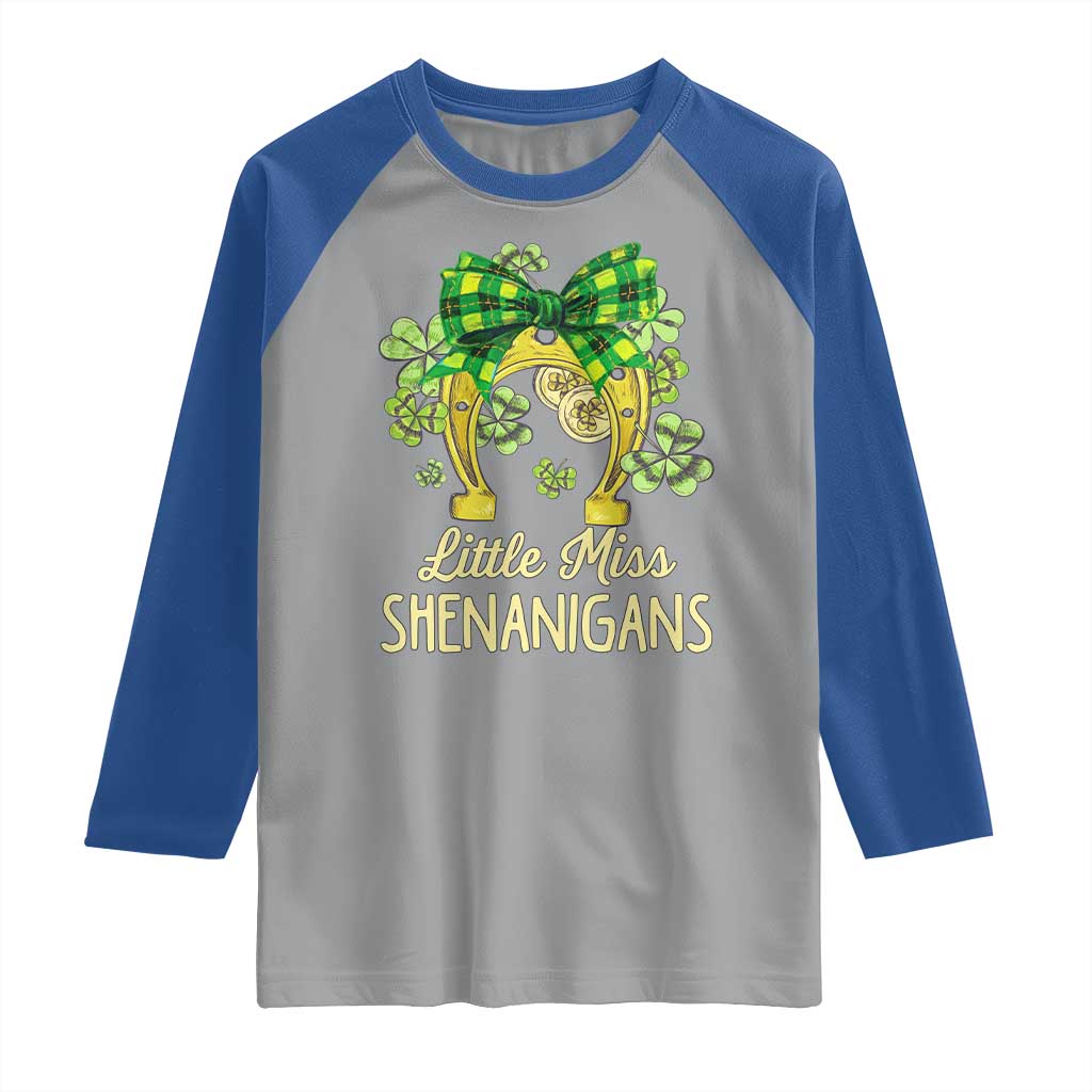St Patrick's Day Raglan Shirt Little Miss Shenanigans Coquette Shamrocks TS09 Sport Gray Royal Print Your Wear