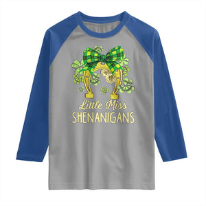 St Patrick's Day Raglan Shirt Little Miss Shenanigans Coquette Shamrocks TS09 Sport Gray Royal Print Your Wear