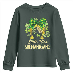 St Patrick's Day Youth Sweatshirt Little Miss Shenanigans Coquette Shamrocks TS09 Dark Forest Green Print Your Wear