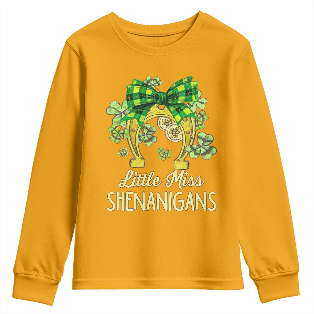 St Patrick's Day Youth Sweatshirt Little Miss Shenanigans Coquette Shamrocks TS09 Gold Print Your Wear