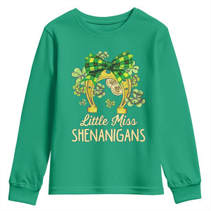 St Patrick's Day Youth Sweatshirt Little Miss Shenanigans Coquette Shamrocks TS09 Irish Green Print Your Wear