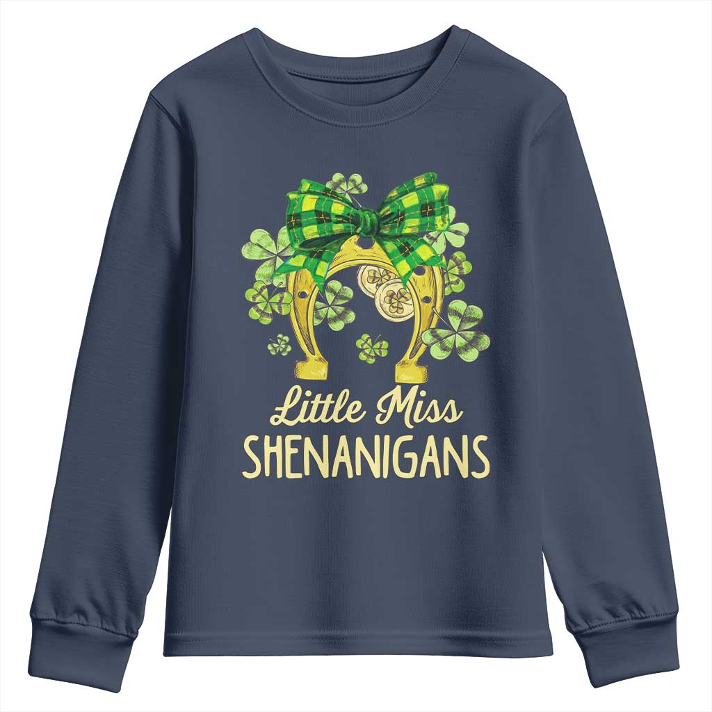 St Patrick's Day Youth Sweatshirt Little Miss Shenanigans Coquette Shamrocks TS09 Navy Print Your Wear