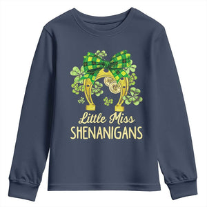 St Patrick's Day Youth Sweatshirt Little Miss Shenanigans Coquette Shamrocks TS09 Navy Print Your Wear