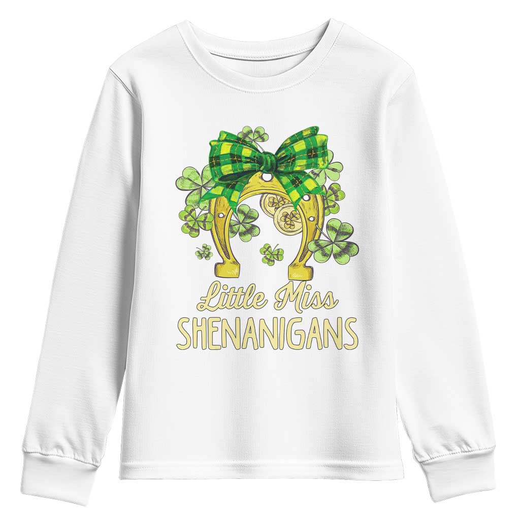 St Patrick's Day Youth Sweatshirt Little Miss Shenanigans Coquette Shamrocks TS09 White Print Your Wear