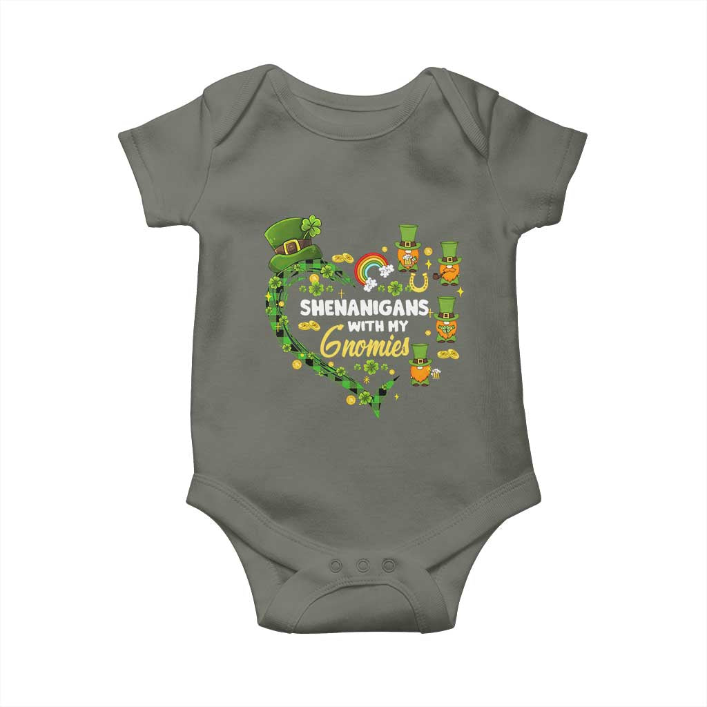 St Patrick's Day Baby Onesie Shenanigans With My Gnomies Shamrock Gnome TS09 Military Green Print Your Wear