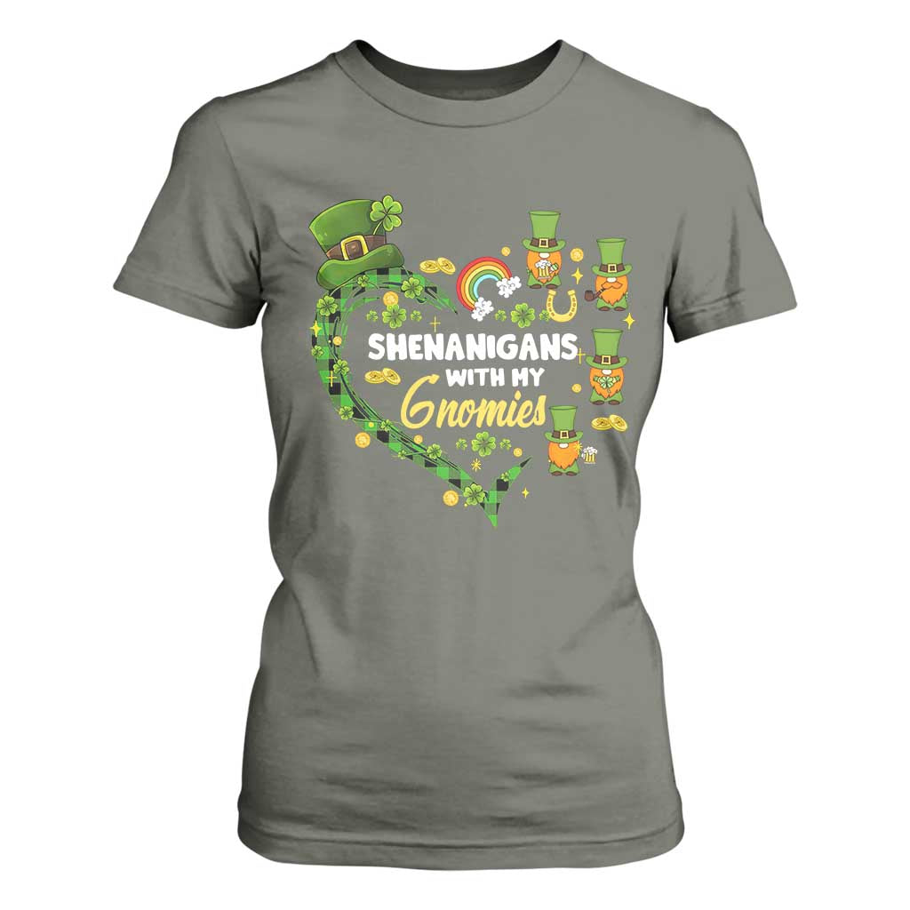 St Patrick's Day T Shirt For Women Shenanigans With My Gnomies Shamrock Gnome TS09 Military Green Print Your Wear