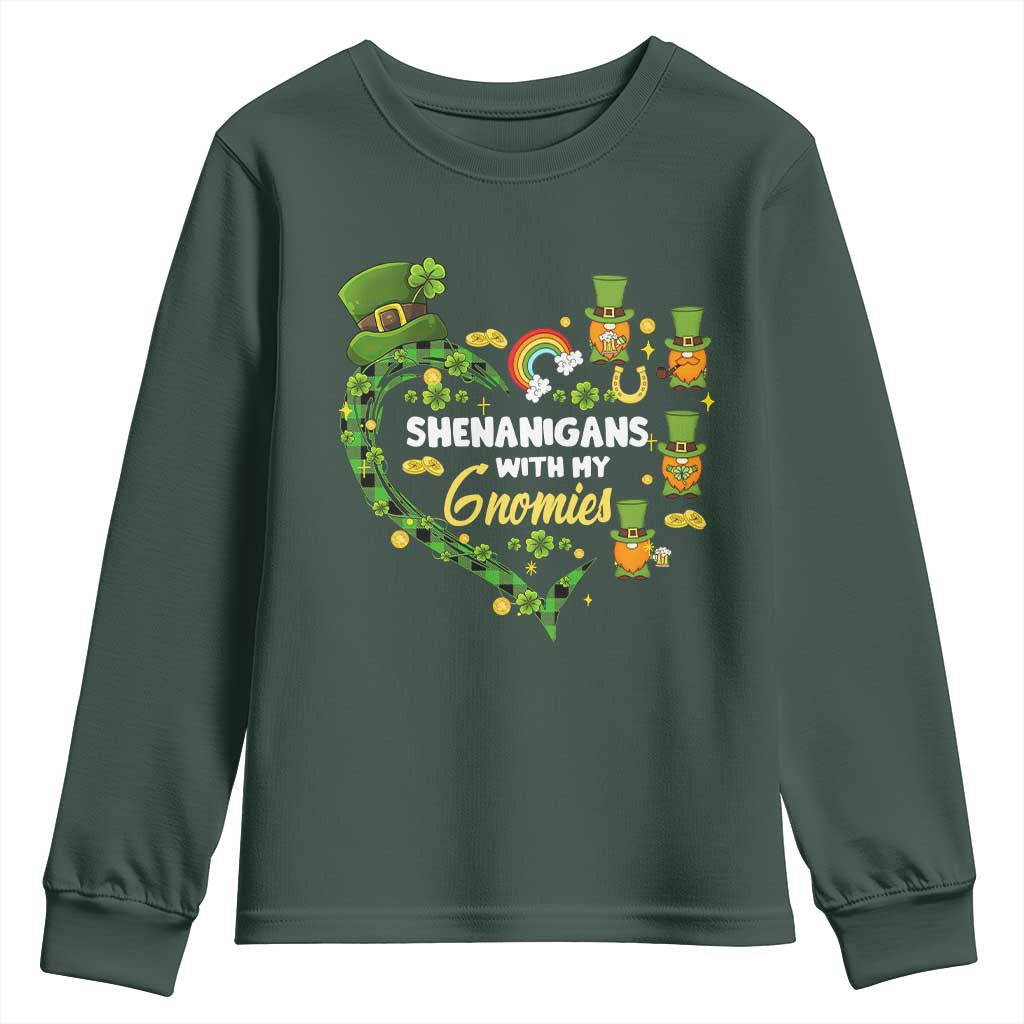 St Patrick's Day Youth Sweatshirt Shenanigans With My Gnomies Shamrock Gnome TS09 Dark Forest Green Print Your Wear