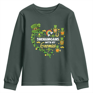 St Patrick's Day Youth Sweatshirt Shenanigans With My Gnomies Shamrock Gnome TS09 Dark Forest Green Print Your Wear