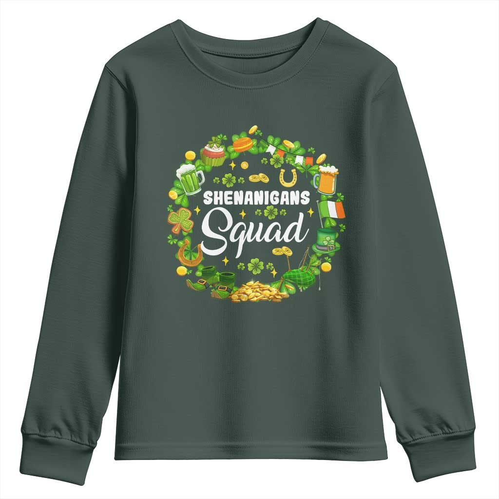 Funny St Patrick's Day Youth Sweatshirt Shenanigans Squad Matching Group TS09 Dark Forest Green Print Your Wear