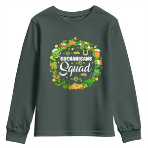 Funny St Patrick's Day Youth Sweatshirt Shenanigans Squad Matching Group TS09 Dark Forest Green Print Your Wear