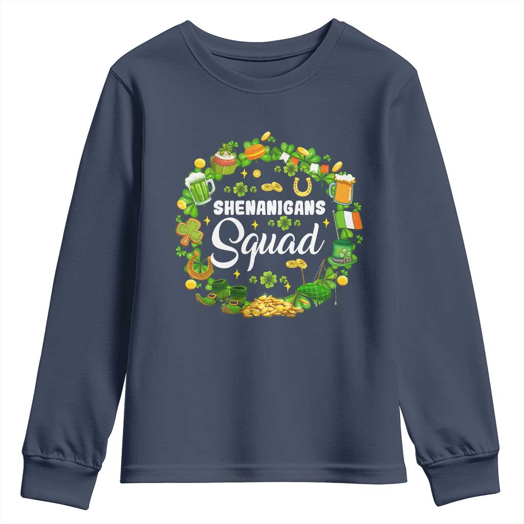 Funny St Patrick's Day Youth Sweatshirt Shenanigans Squad Matching Group TS09 Navy Print Your Wear