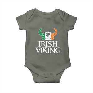 St Patrick's Day Baby Onesie Irish Viking Helmet Lucky Shamrocks Ireland Flag TS09 Military Green Print Your Wear