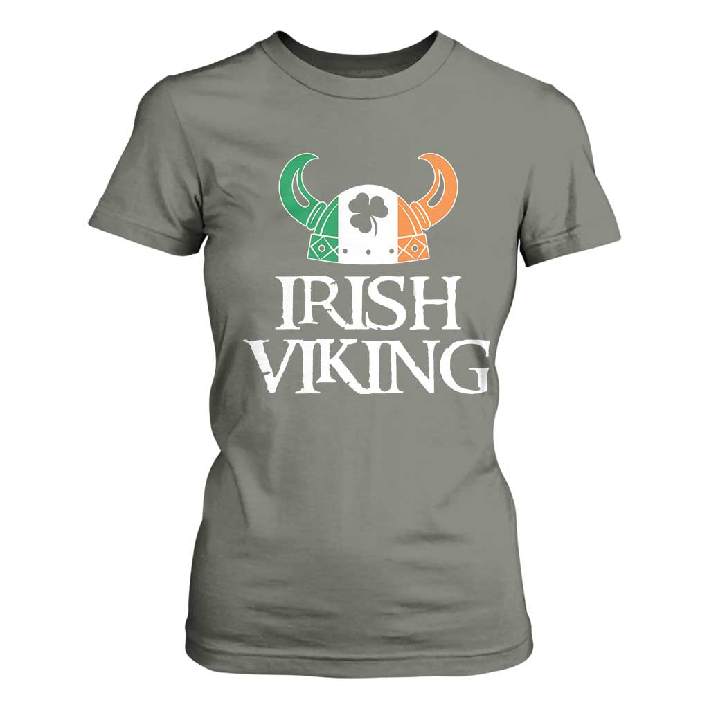 St Patrick's Day T Shirt For Women Irish Viking Helmet Lucky Shamrocks Ireland Flag TS09 Military Green Print Your Wear