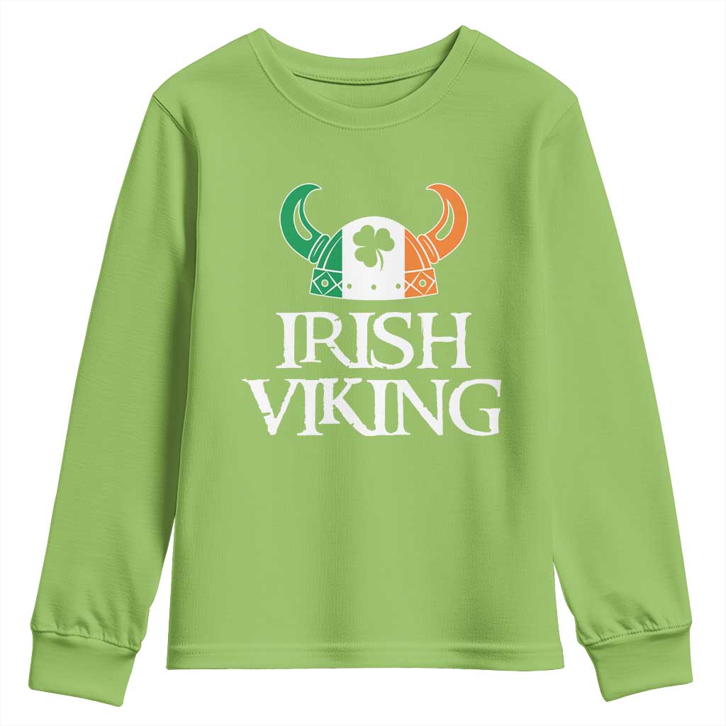 St Patrick's Day Youth Sweatshirt Irish Viking Helmet Lucky Shamrocks Ireland Flag TS09 Lime Print Your Wear
