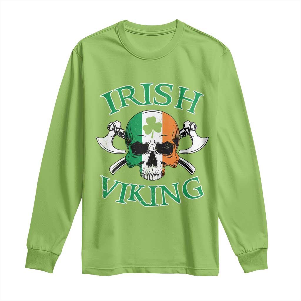 St Patrick's Day Long Sleeve Shirt Irish Viking Skull Lucky Shamrocks Ireland Flag TS09 Lime Print Your Wear