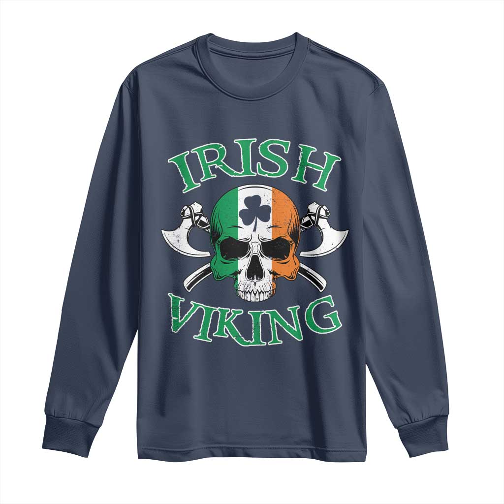 St Patrick's Day Long Sleeve Shirt Irish Viking Skull Lucky Shamrocks Ireland Flag TS09 Navy Print Your Wear