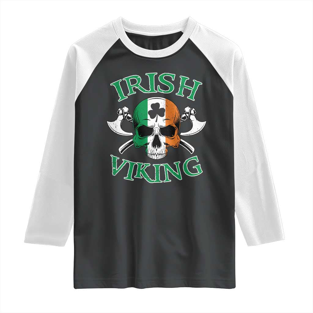St Patrick's Day Raglan Shirt Irish Viking Skull Lucky Shamrocks Ireland Flag TS09 Black White Print Your Wear