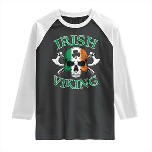 St Patrick's Day Raglan Shirt Irish Viking Skull Lucky Shamrocks Ireland Flag TS09 Black White Print Your Wear