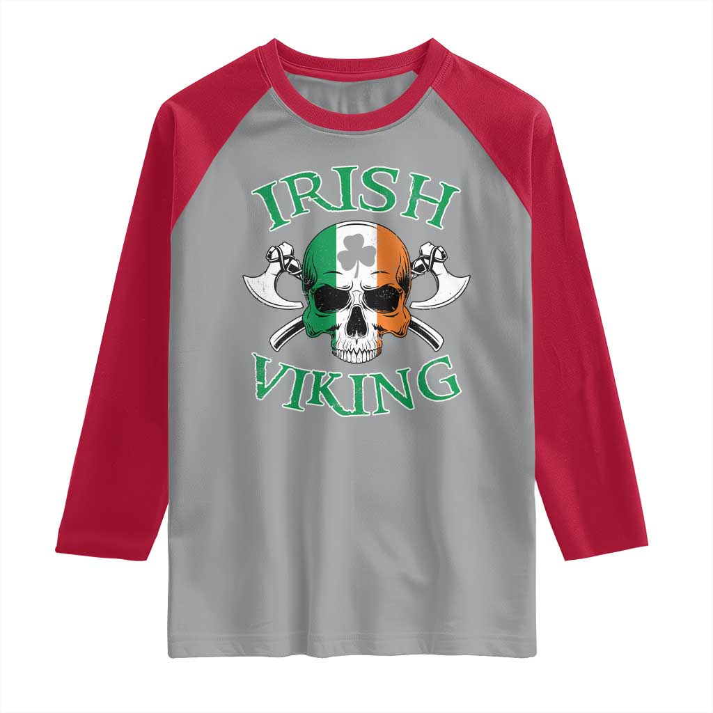 St Patrick's Day Raglan Shirt Irish Viking Skull Lucky Shamrocks Ireland Flag TS09 Sport Gray Red Print Your Wear