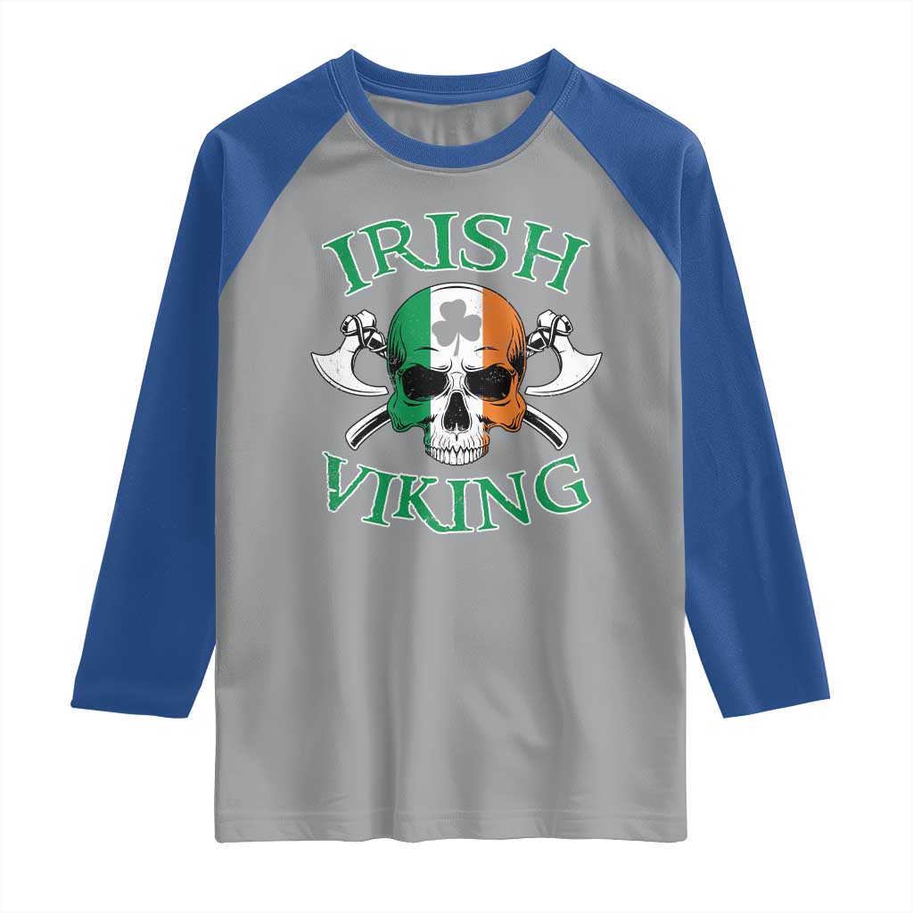 St Patrick's Day Raglan Shirt Irish Viking Skull Lucky Shamrocks Ireland Flag TS09 Sport Gray Royal Print Your Wear