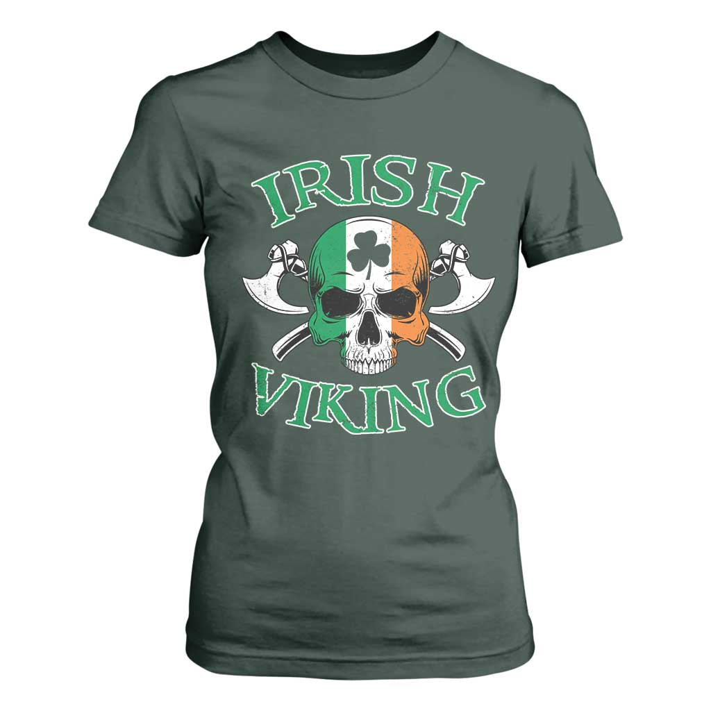 St Patrick's Day T Shirt For Women Irish Viking Skull Lucky Shamrocks Ireland Flag TS09 Dark Forest Green Print Your Wear