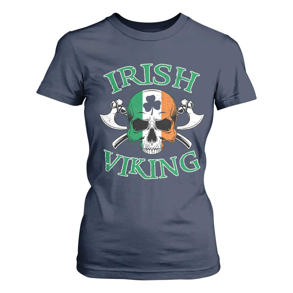 St Patrick's Day T Shirt For Women Irish Viking Skull Lucky Shamrocks Ireland Flag TS09 Navy Print Your Wear
