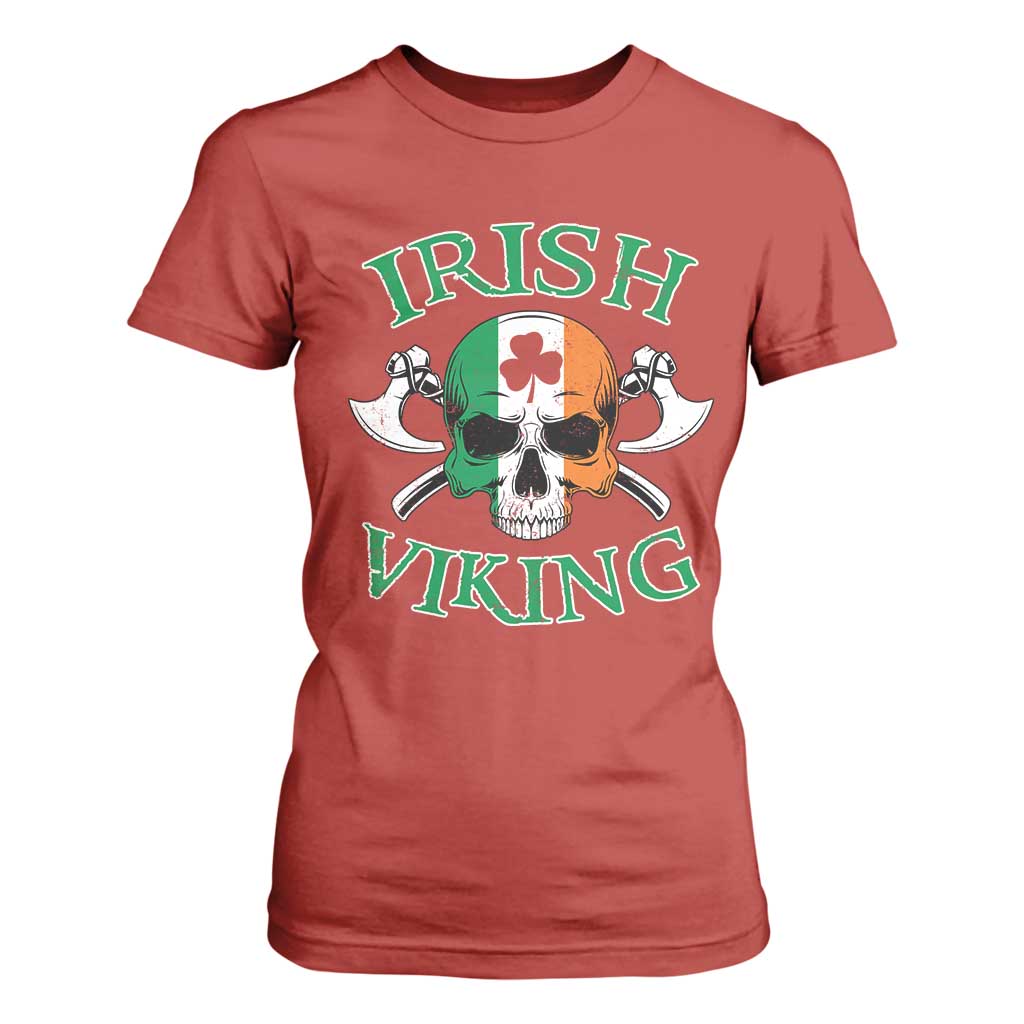 St Patrick's Day T Shirt For Women Irish Viking Skull Lucky Shamrocks Ireland Flag TS09 Red Print Your Wear