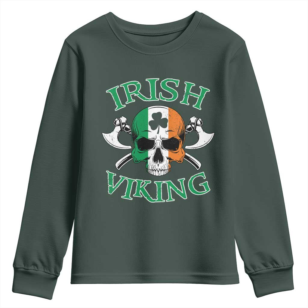 St Patrick's Day Youth Sweatshirt Irish Viking Skull Lucky Shamrocks Ireland Flag TS09 Dark Forest Green Print Your Wear