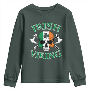 St Patrick's Day Youth Sweatshirt Irish Viking Skull Lucky Shamrocks Ireland Flag TS09 Dark Forest Green Print Your Wear
