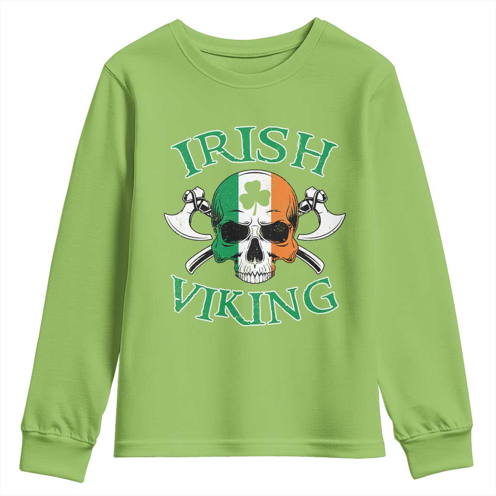 St Patrick's Day Youth Sweatshirt Irish Viking Skull Lucky Shamrocks Ireland Flag TS09 Lime Print Your Wear