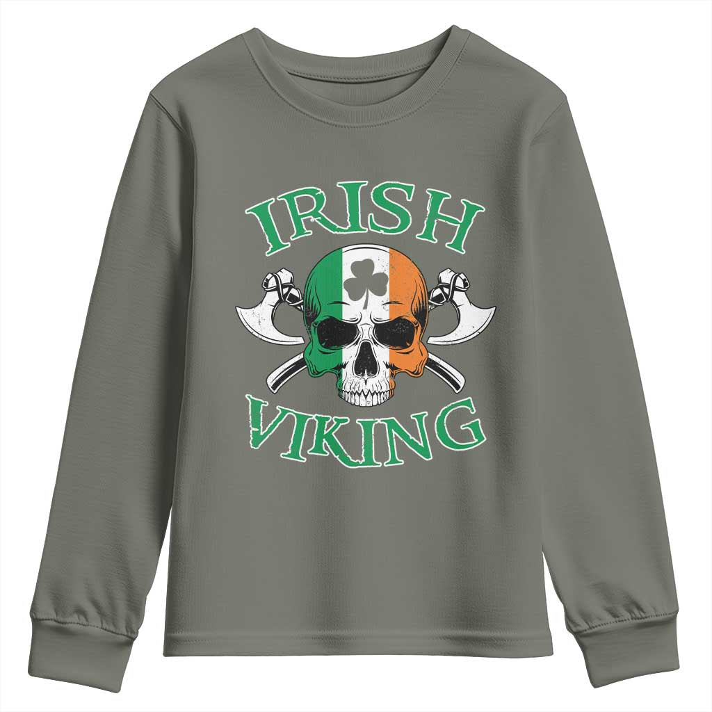 St Patrick's Day Youth Sweatshirt Irish Viking Skull Lucky Shamrocks Ireland Flag TS09 Military Green Print Your Wear