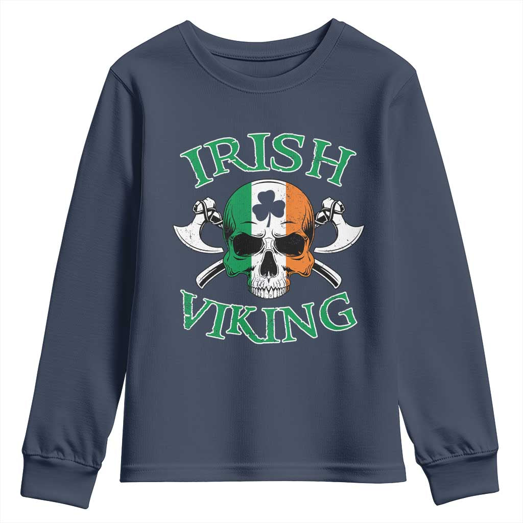 St Patrick's Day Youth Sweatshirt Irish Viking Skull Lucky Shamrocks Ireland Flag TS09 Navy Print Your Wear