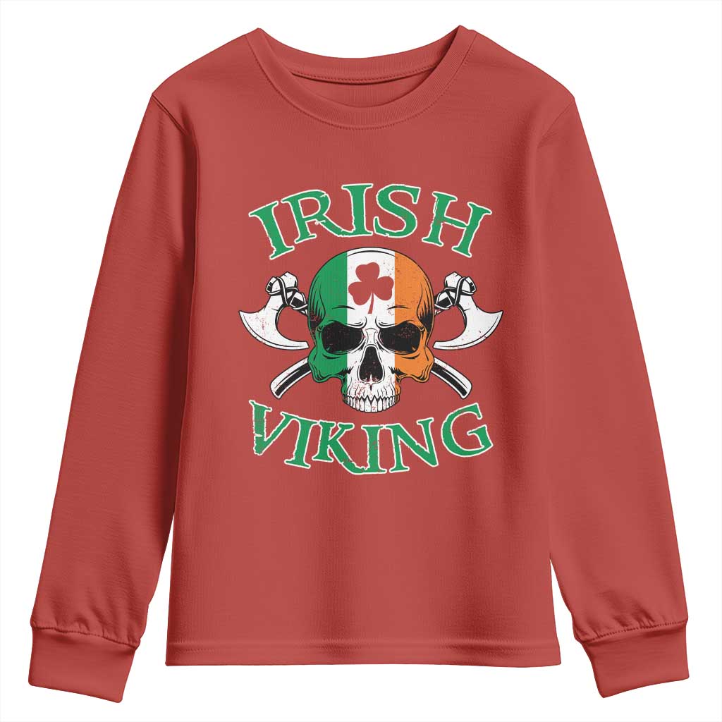 St Patrick's Day Youth Sweatshirt Irish Viking Skull Lucky Shamrocks Ireland Flag TS09 Red Print Your Wear