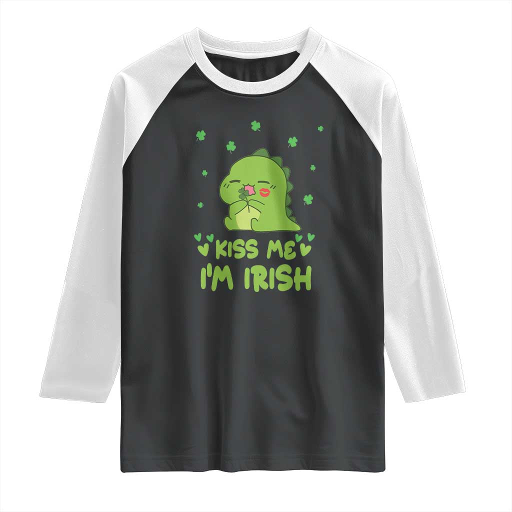 St Patrick's Day Raglan Shirt Kiss Me I'm Irish Cute Dinosaur TS09 Black White Print Your Wear