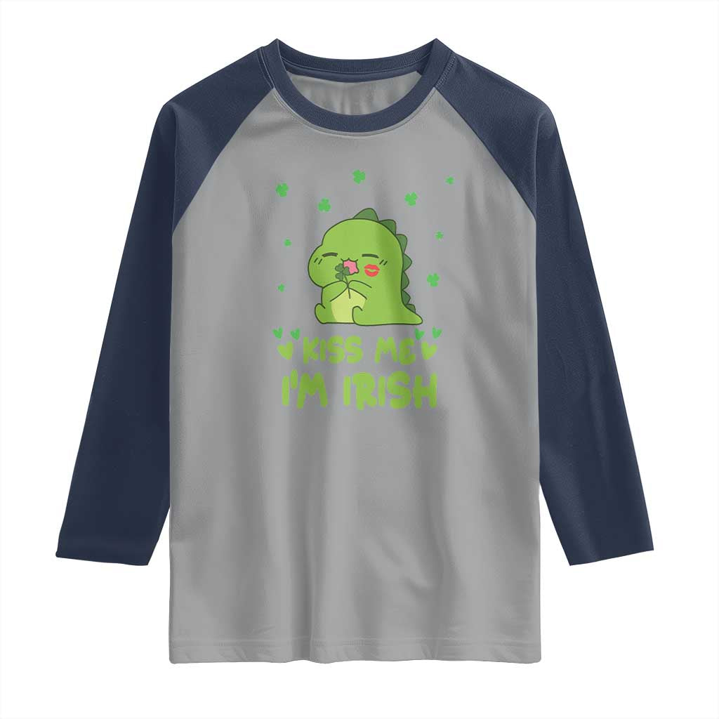 St Patrick's Day Raglan Shirt Kiss Me I'm Irish Cute Dinosaur TS09 Sport Gray Navy Print Your Wear