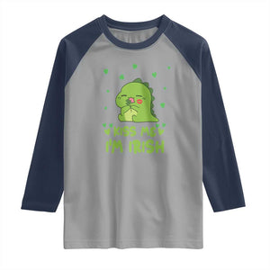 St Patrick's Day Raglan Shirt Kiss Me I'm Irish Cute Dinosaur TS09 Sport Gray Navy Print Your Wear