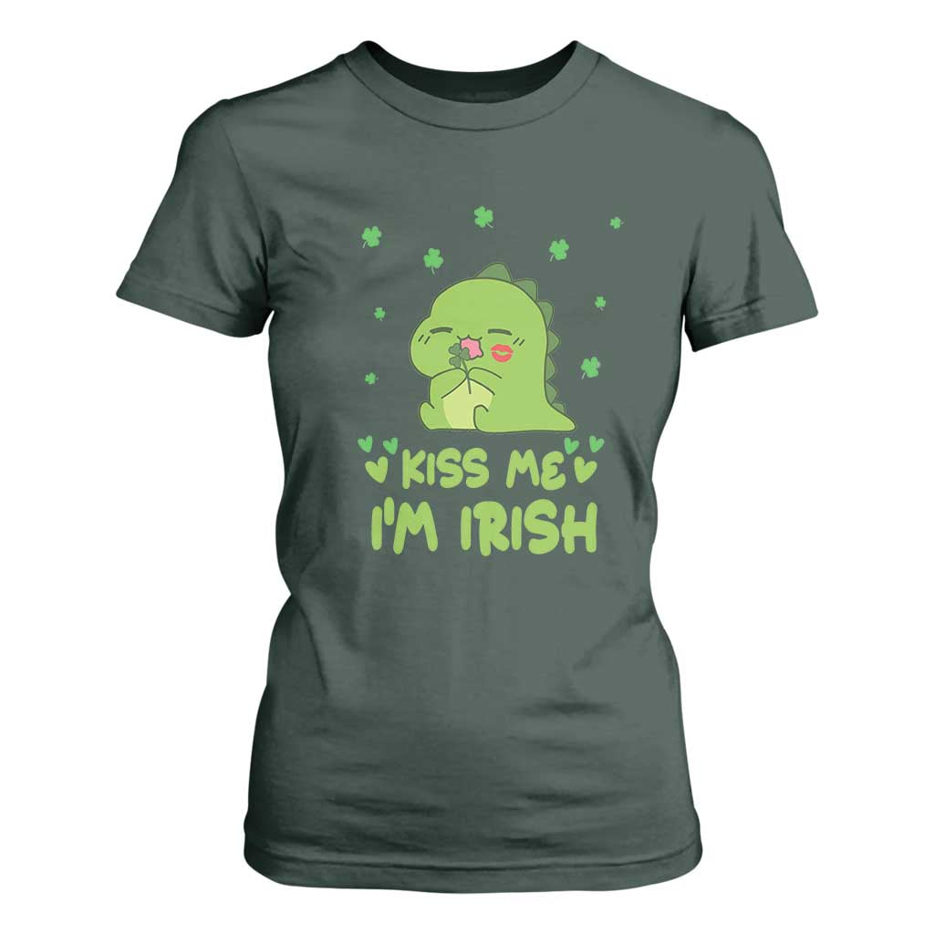 St Patrick's Day T Shirt For Women Kiss Me I'm Irish Cute Dinosaur TS09 Dark Forest Green Print Your Wear
