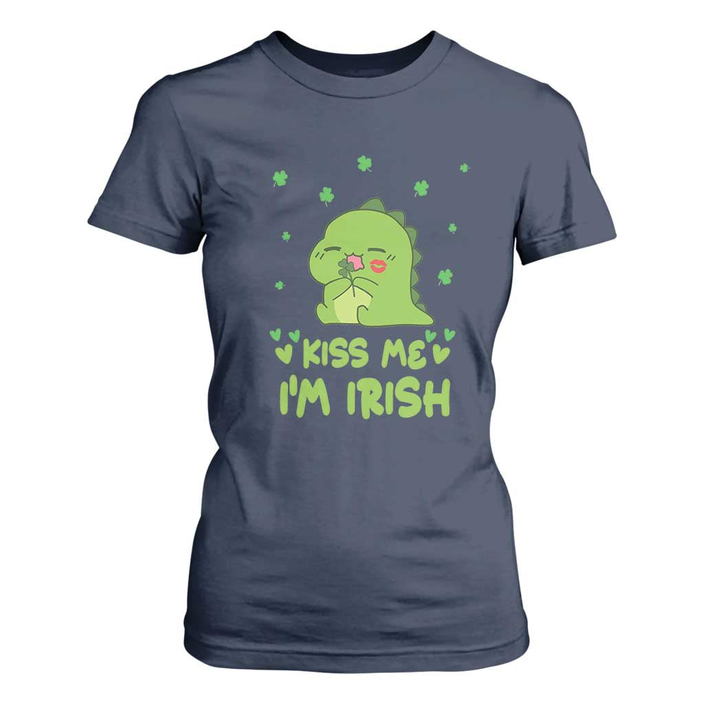 St Patrick's Day T Shirt For Women Kiss Me I'm Irish Cute Dinosaur TS09 Navy Print Your Wear