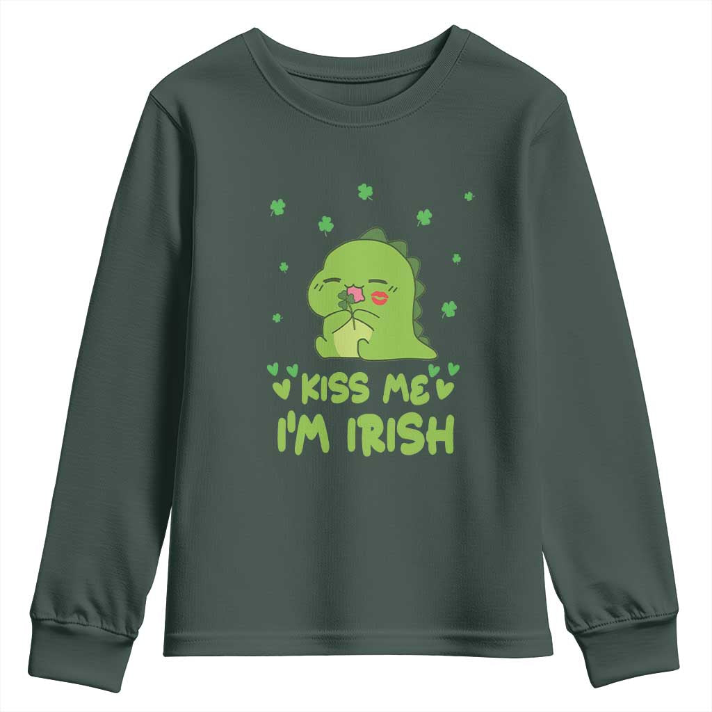 St Patrick's Day Youth Sweatshirt Kiss Me I'm Irish Cute Dinosaur TS09 Dark Forest Green Print Your Wear