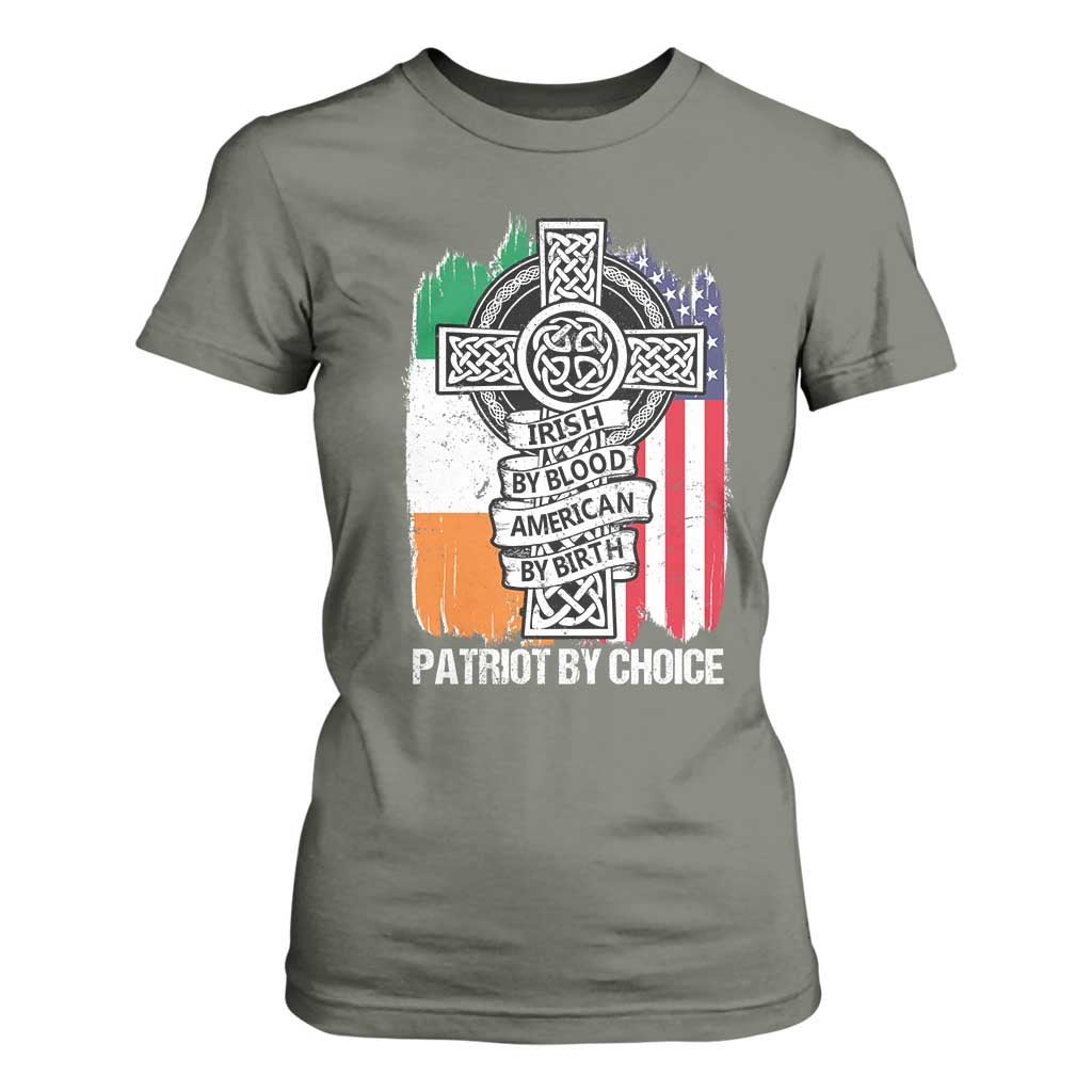 Irish By Blood American By Birth Patriot By Choice T Shirt For Women Celtic Cross Ireland America Flag TS09 Military Green Print Your Wear