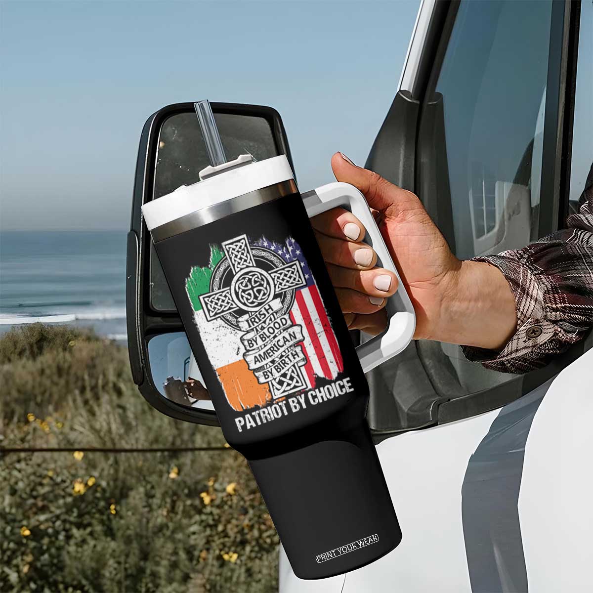 Irish By Blood American By Birth Patriot By Choice Tumbler With Handle Celtic Cross Ireland America Flag TS09 Print Your Wear
