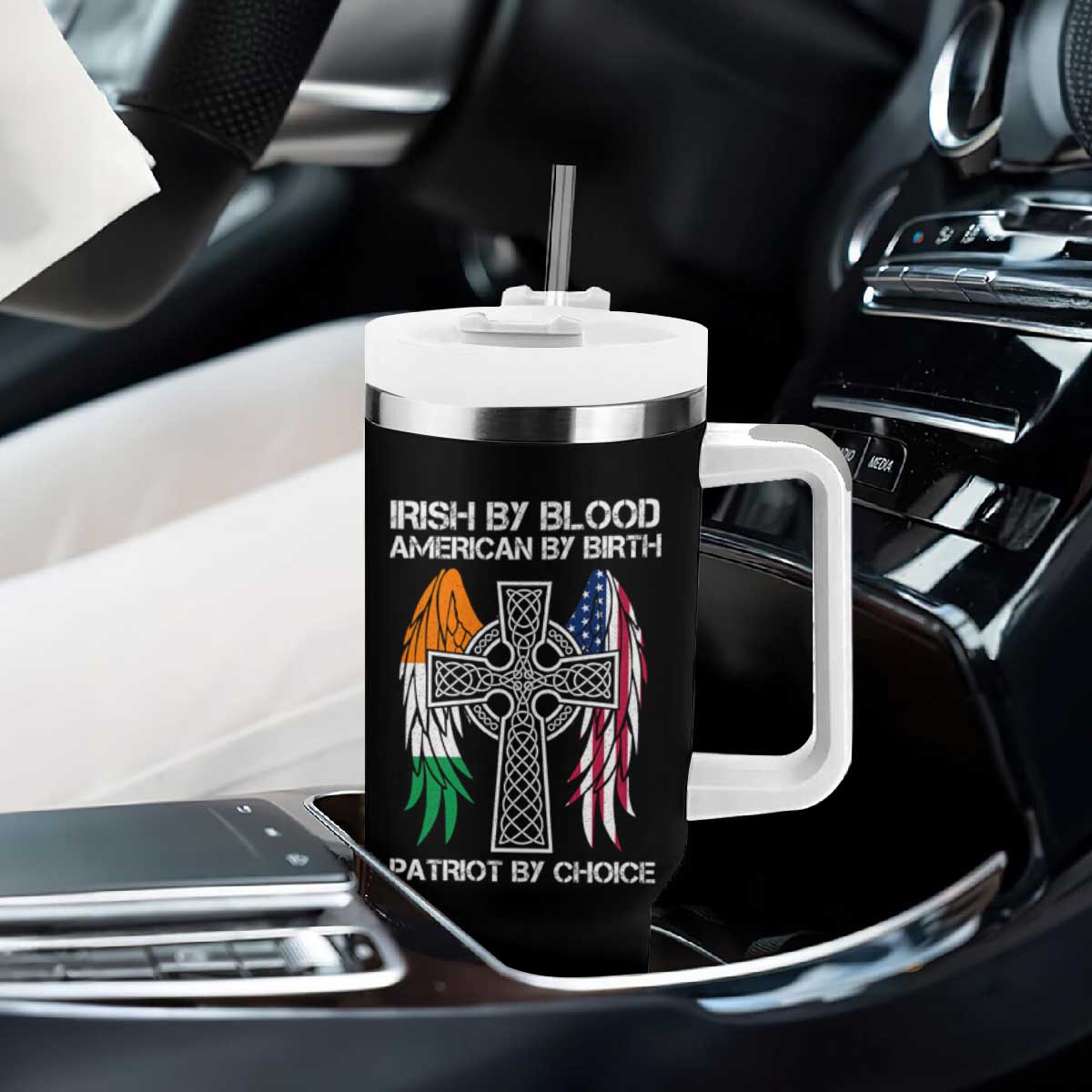 Irish By Blood American By Birth Patriot By Choice Tumbler With Handle Ireland America Flag Celtic Cross TS09 Print Your Wear